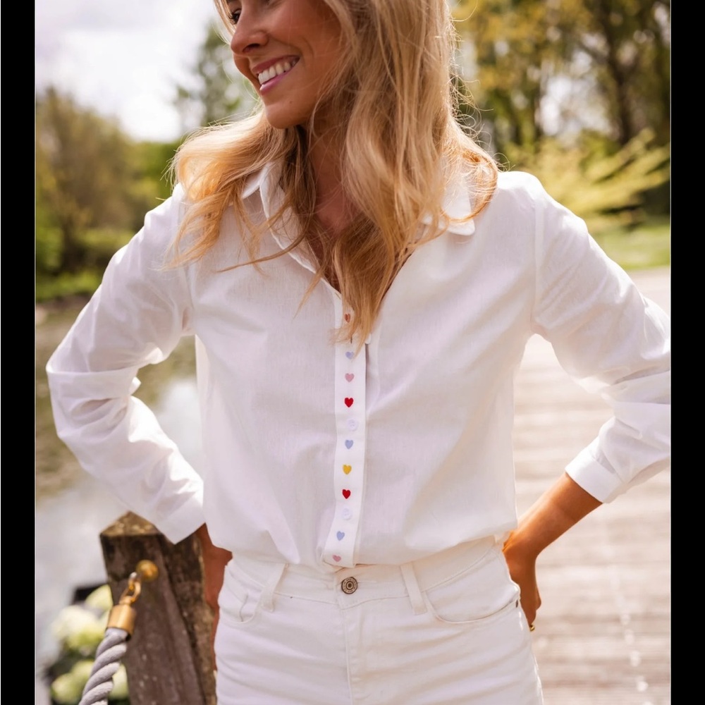 White Button-Up Shirt with Heart Accents